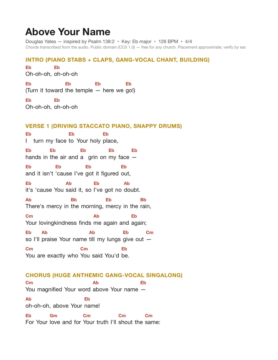 First page of the Above Your Name chord chart
