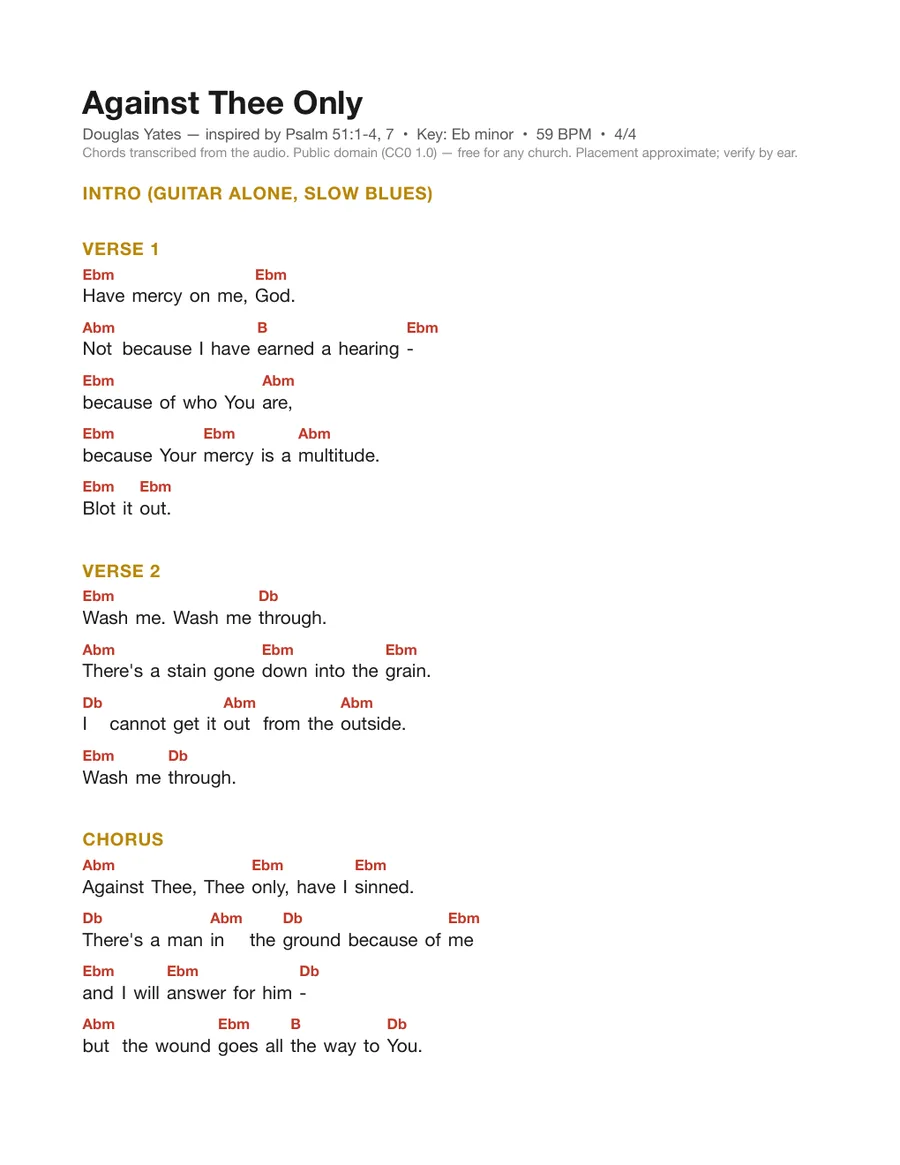 First page of the Against Thee Only chord chart
