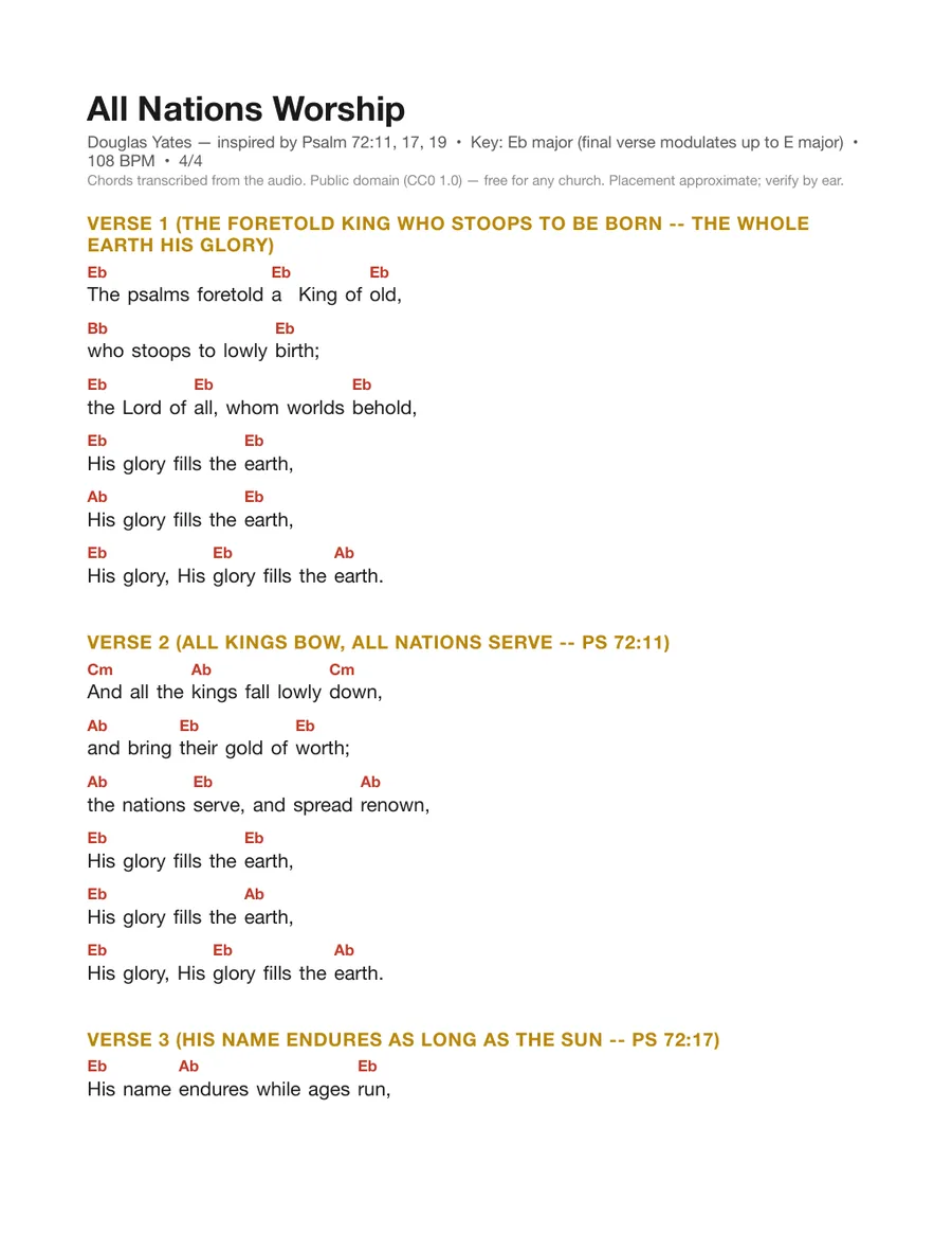 First page of the His Glory Fills the Earth chord chart
