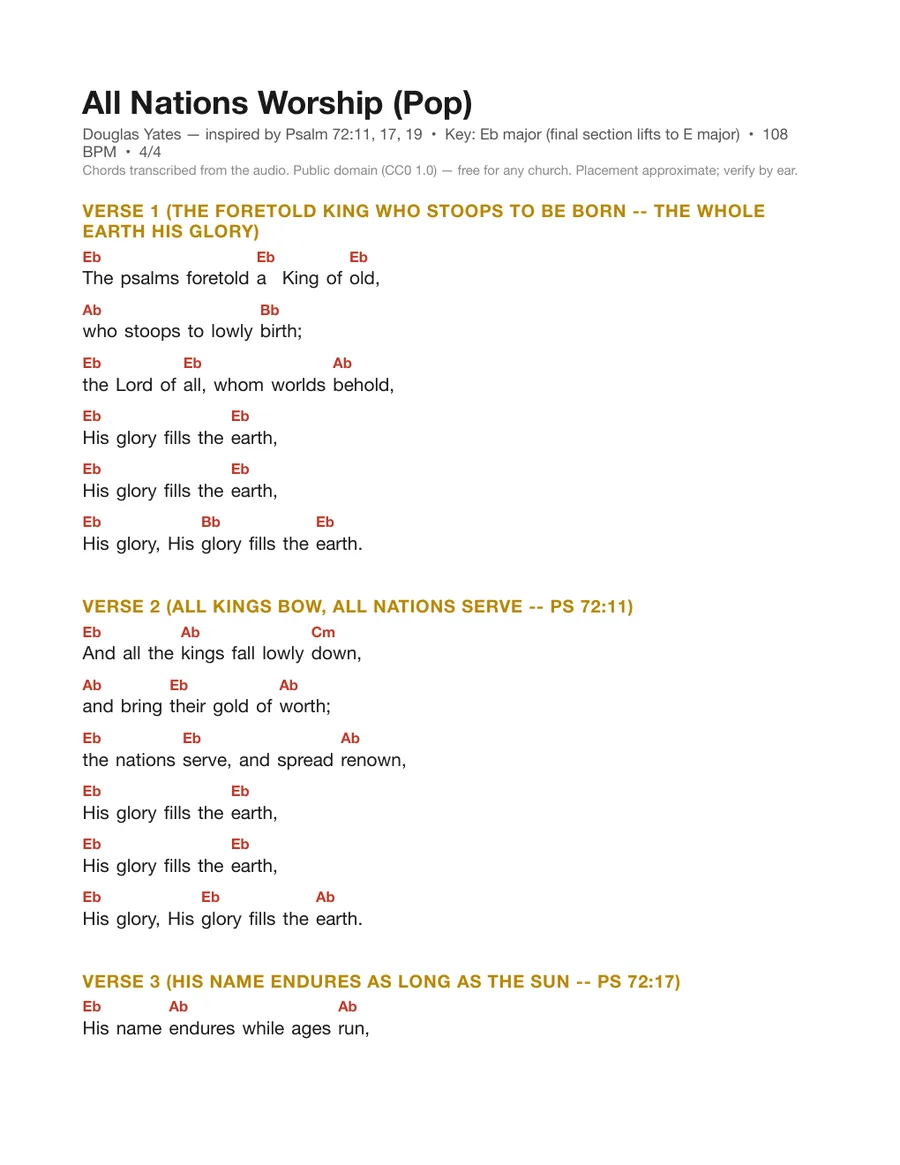 First page of the His Glory Fills the Earth (Pop) chord chart