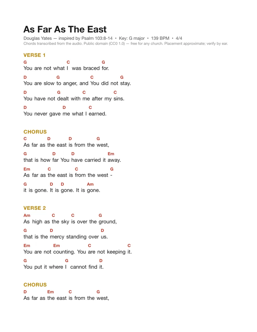 First page of the As Far As The East chord chart