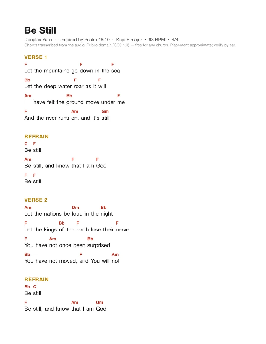 First page of the Be Still chord chart