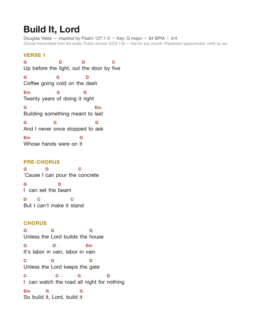 First page of the Build It, Lord chord chart