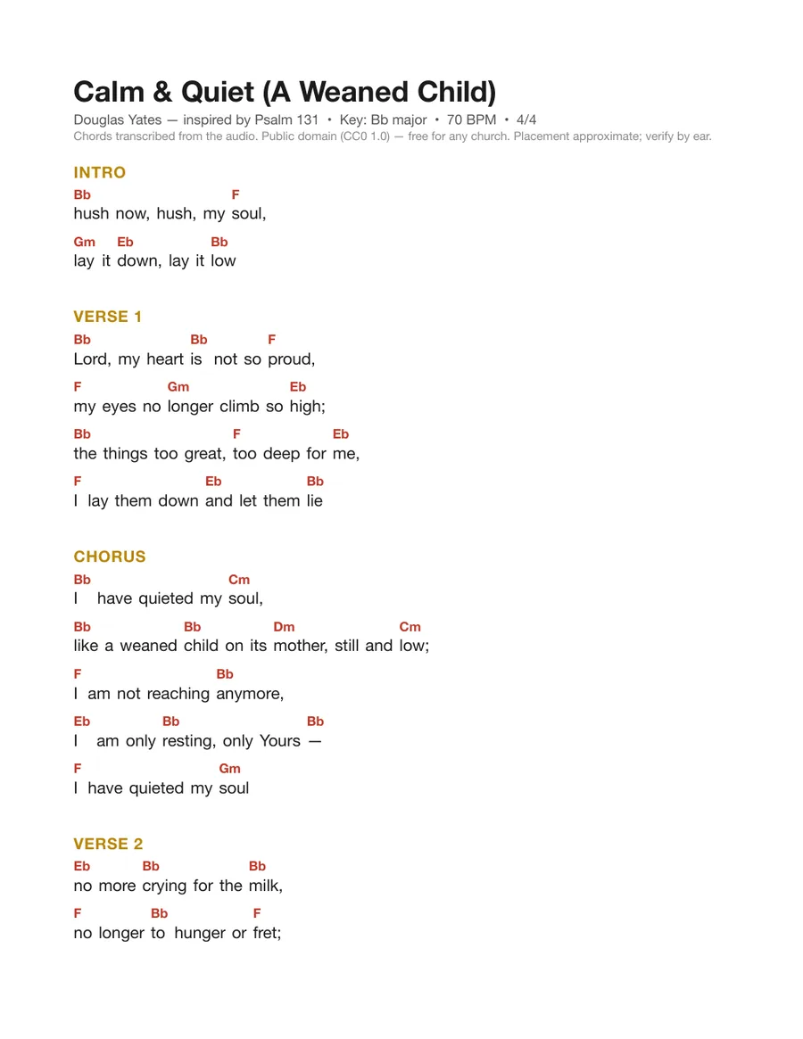 First page of the Calm & Quiet (A Weaned Child) chord chart