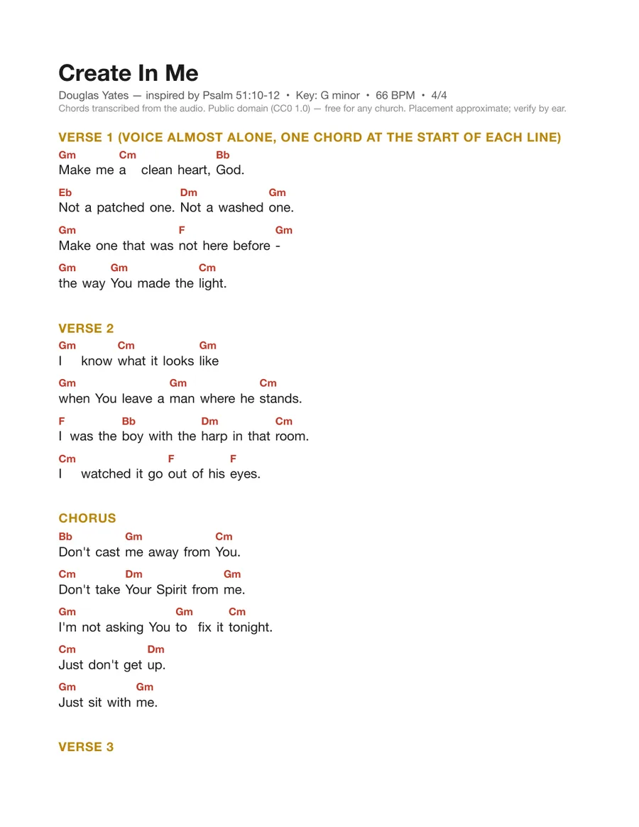 First page of the Create In Me chord chart