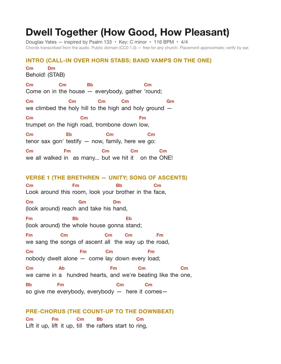First page of the Dwell Together (How Good, How Pleasant) chord chart