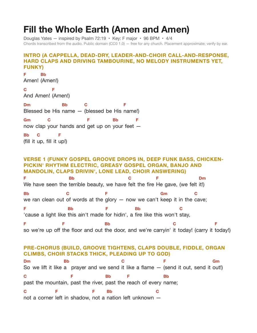 First page of the Fill the Whole Earth (Amen and Amen) chord chart