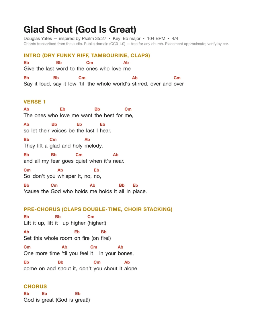 First page of the Glad Shout (God Is Great) chord chart