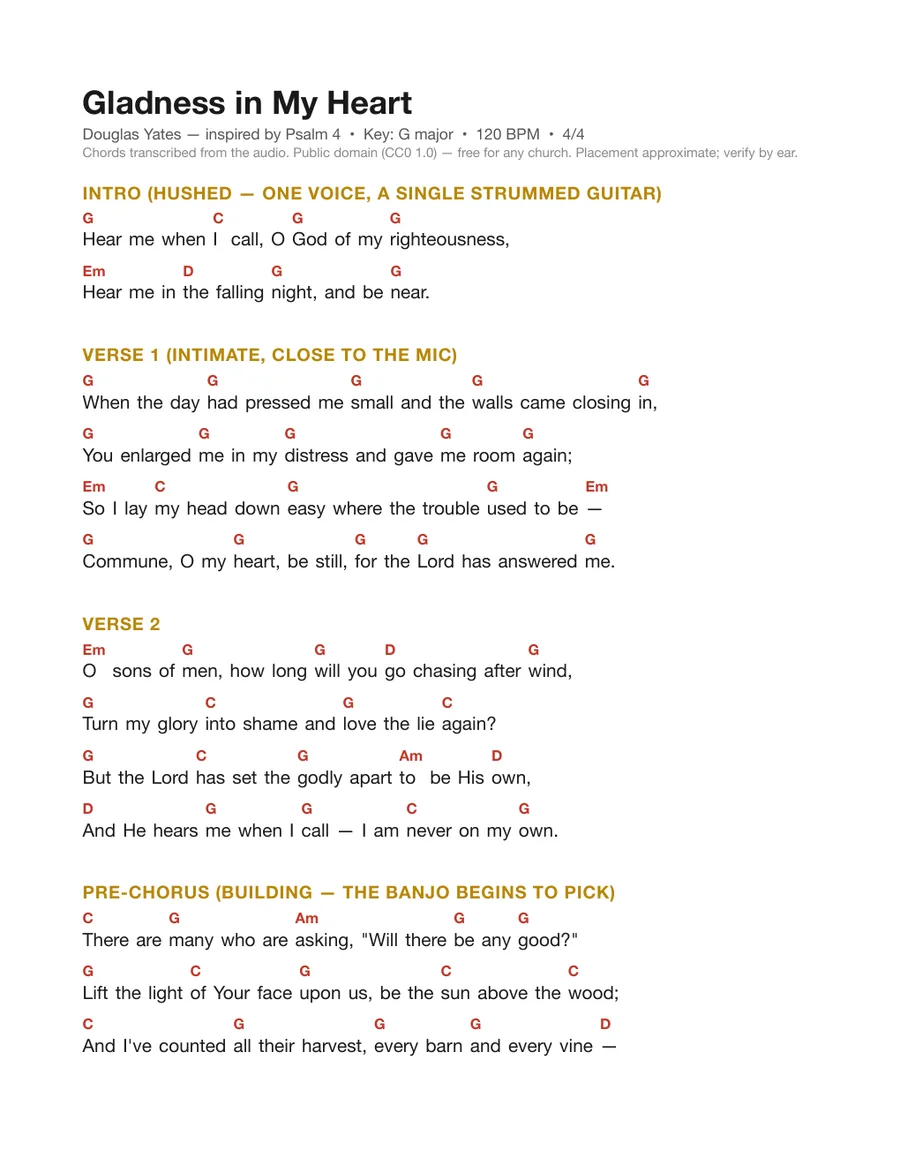 First page of the Gladness in My Heart chord chart