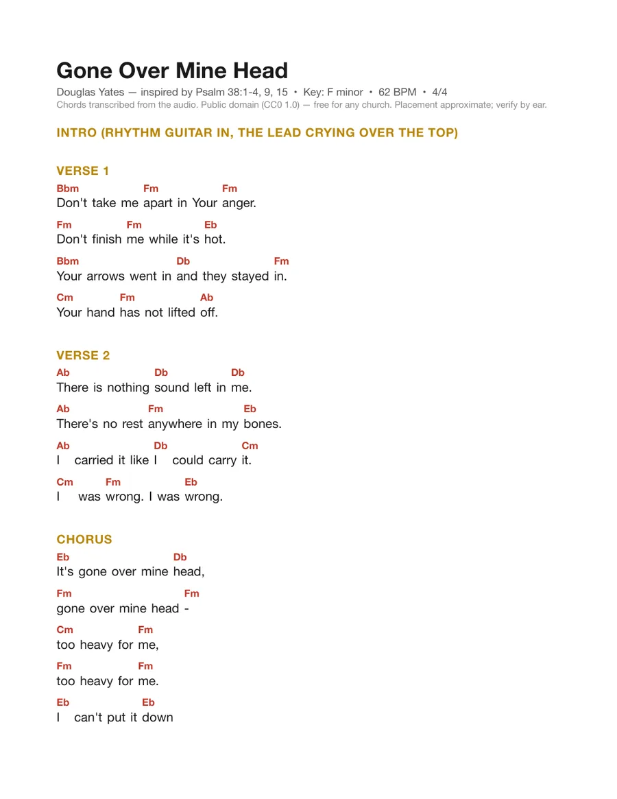 First page of the Gone Over Mine Head chord chart