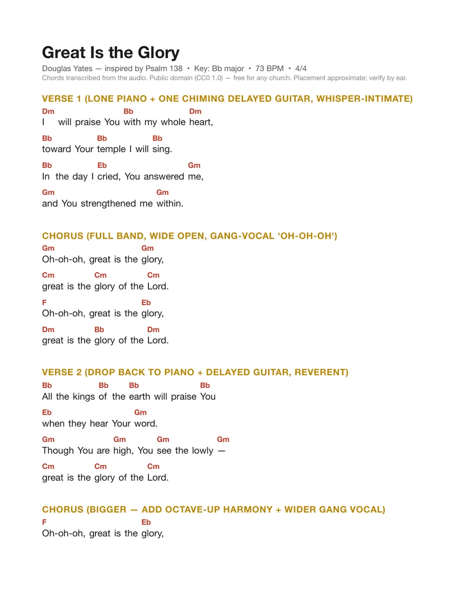 First page of the Great Is the Glory chord chart