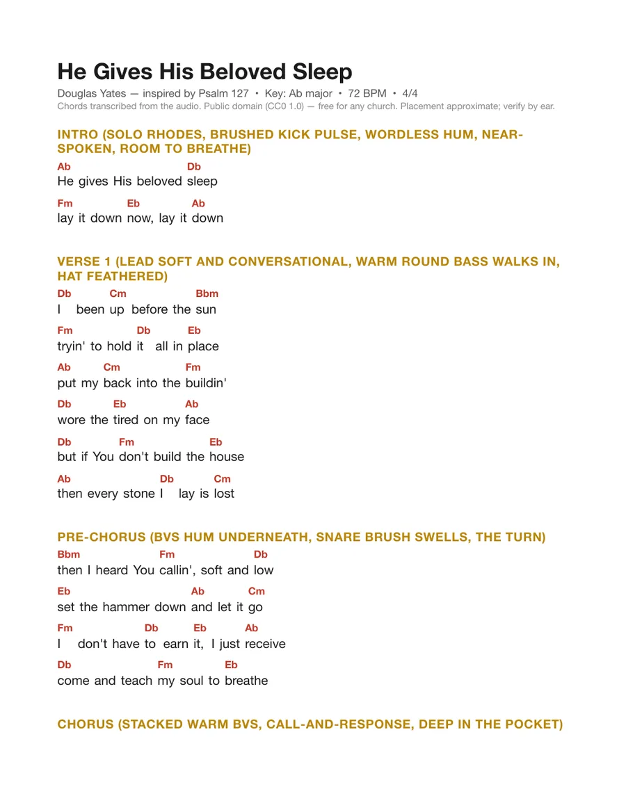 First page of the He Gives His Beloved Sleep chord chart