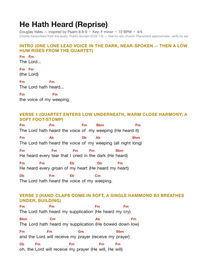 First page of the He Hath Heard (Reprise) chord chart