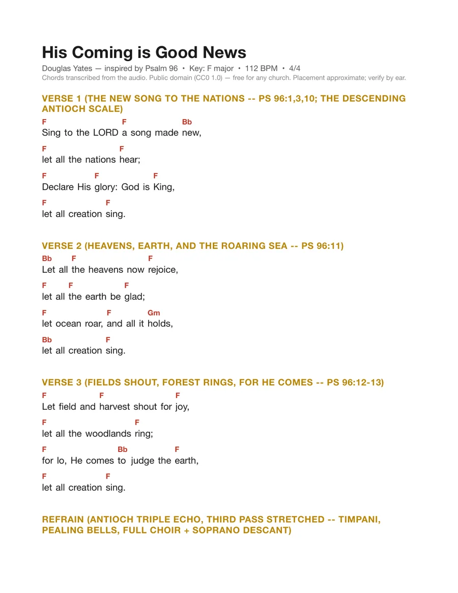 First page of the His Coming is Good News chord chart