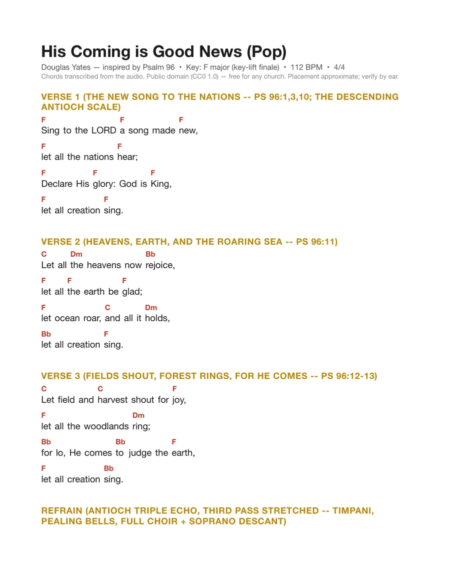 First page of the His Coming is Good News (Pop) chord chart