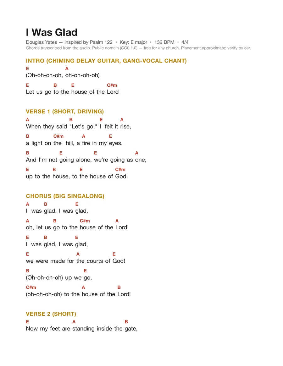 First page of the I Was Glad chord chart