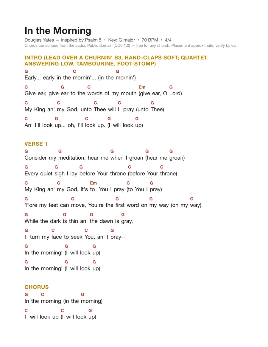 First page of the In the Morning chord chart