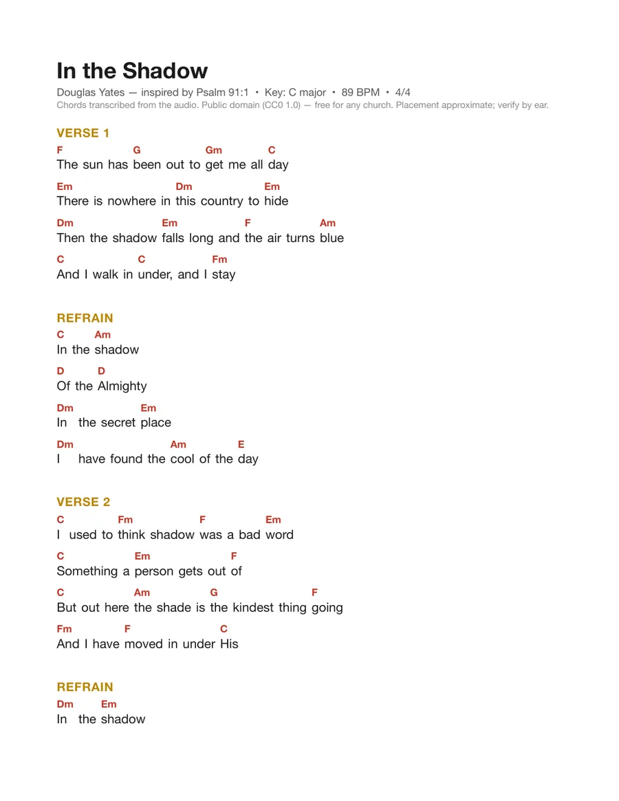 First page of the In the Shadow chord chart
