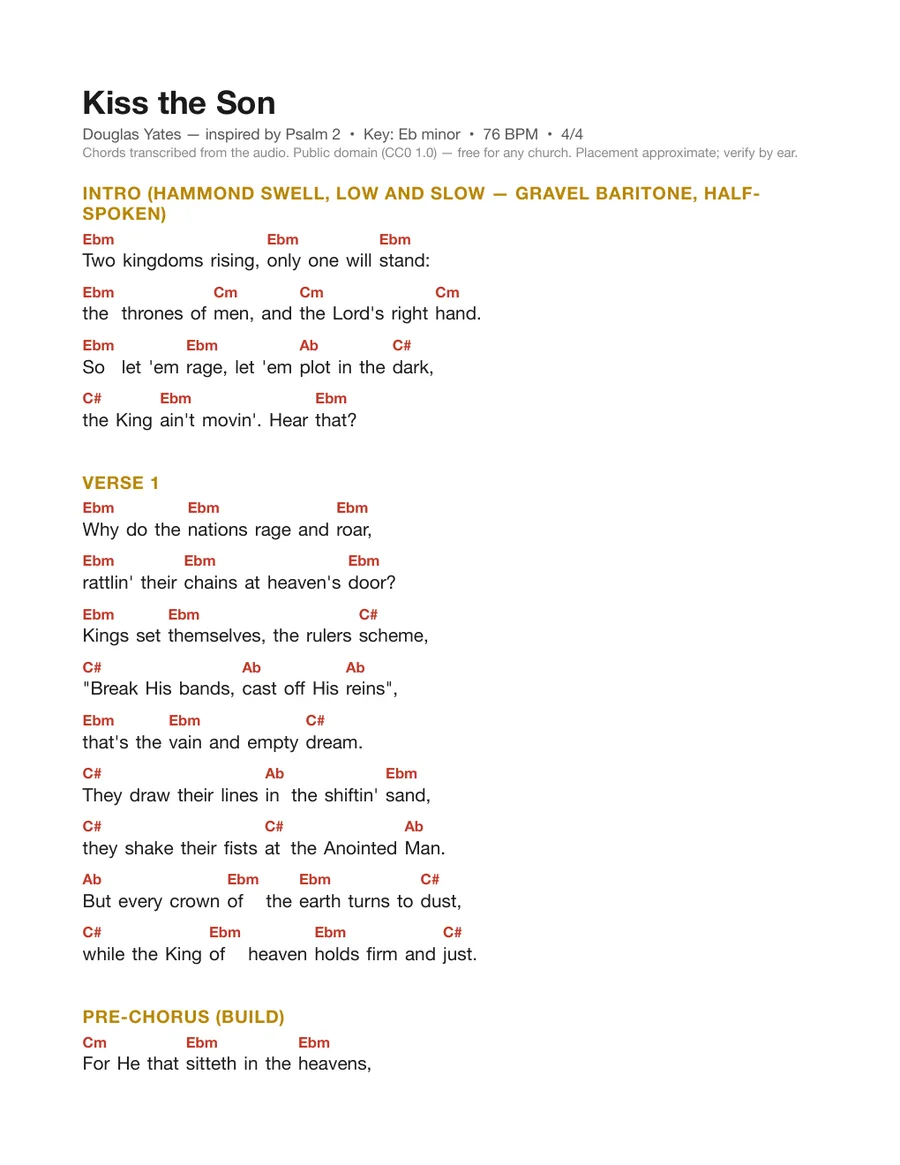 First page of the Kiss the Son chord chart