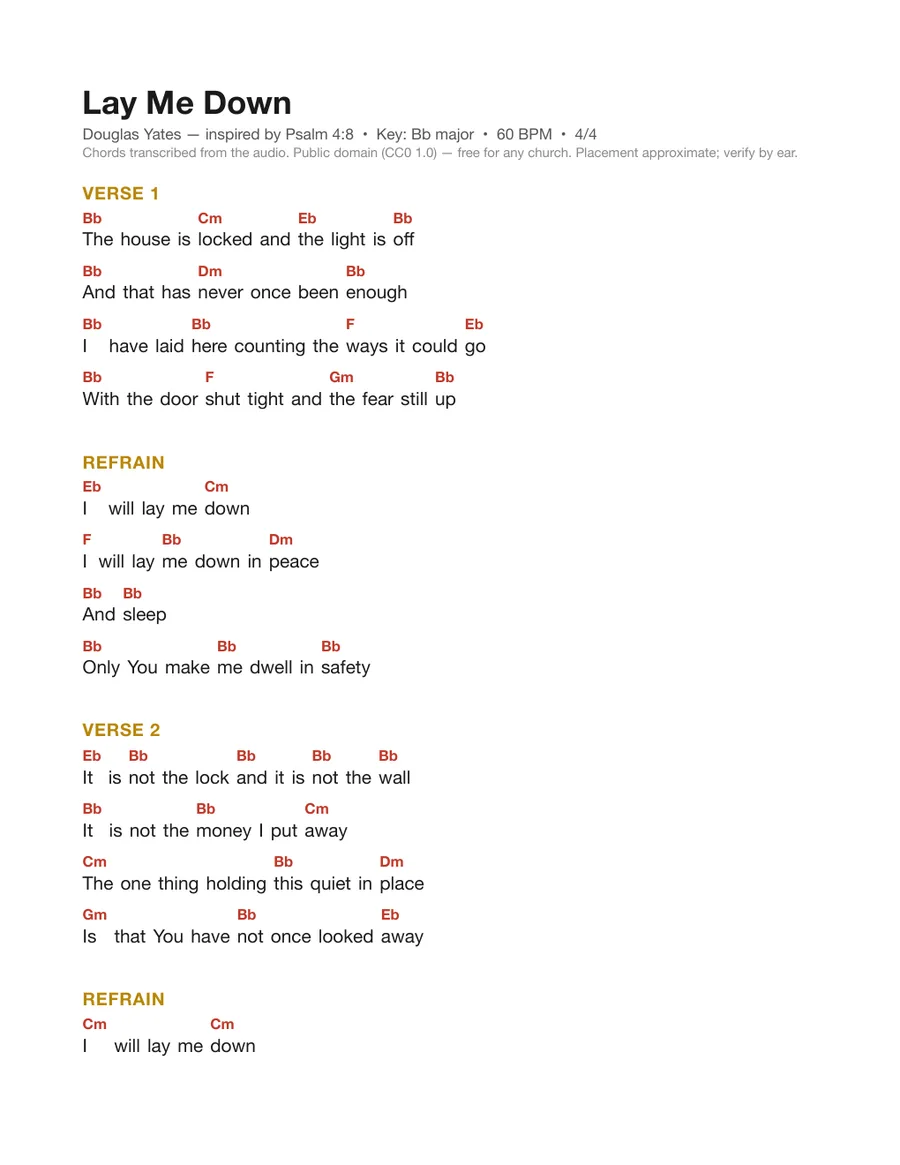 First page of the Lay Me Down chord chart
