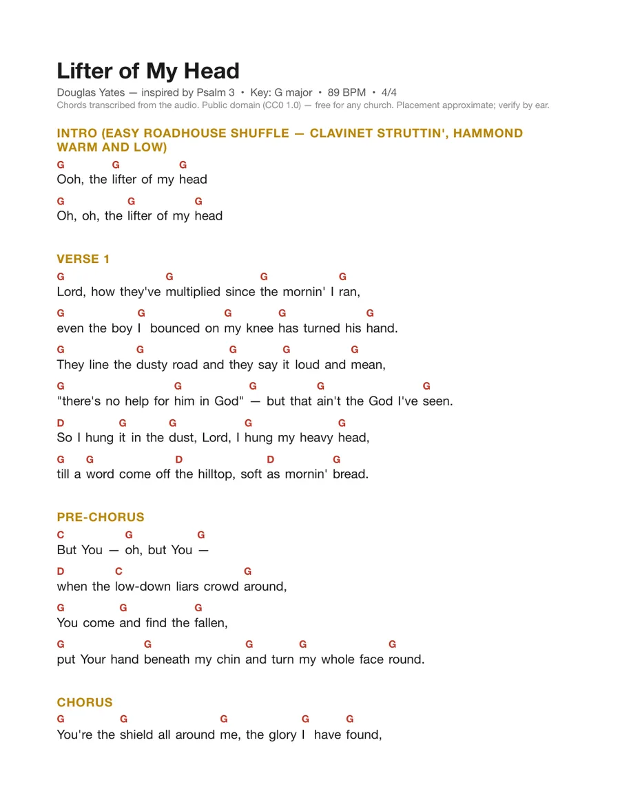 First page of the Lifter of My Head chord chart