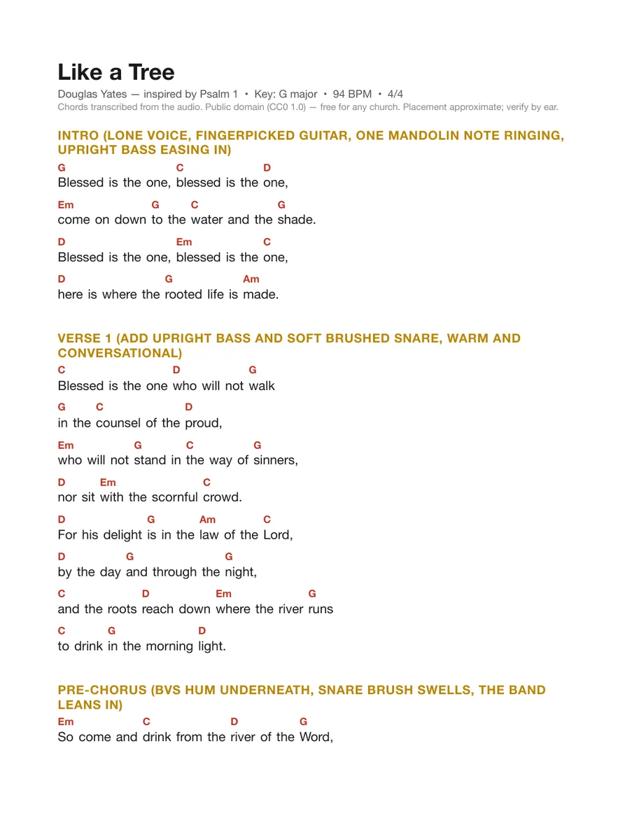 First page of the Like a Tree chord chart