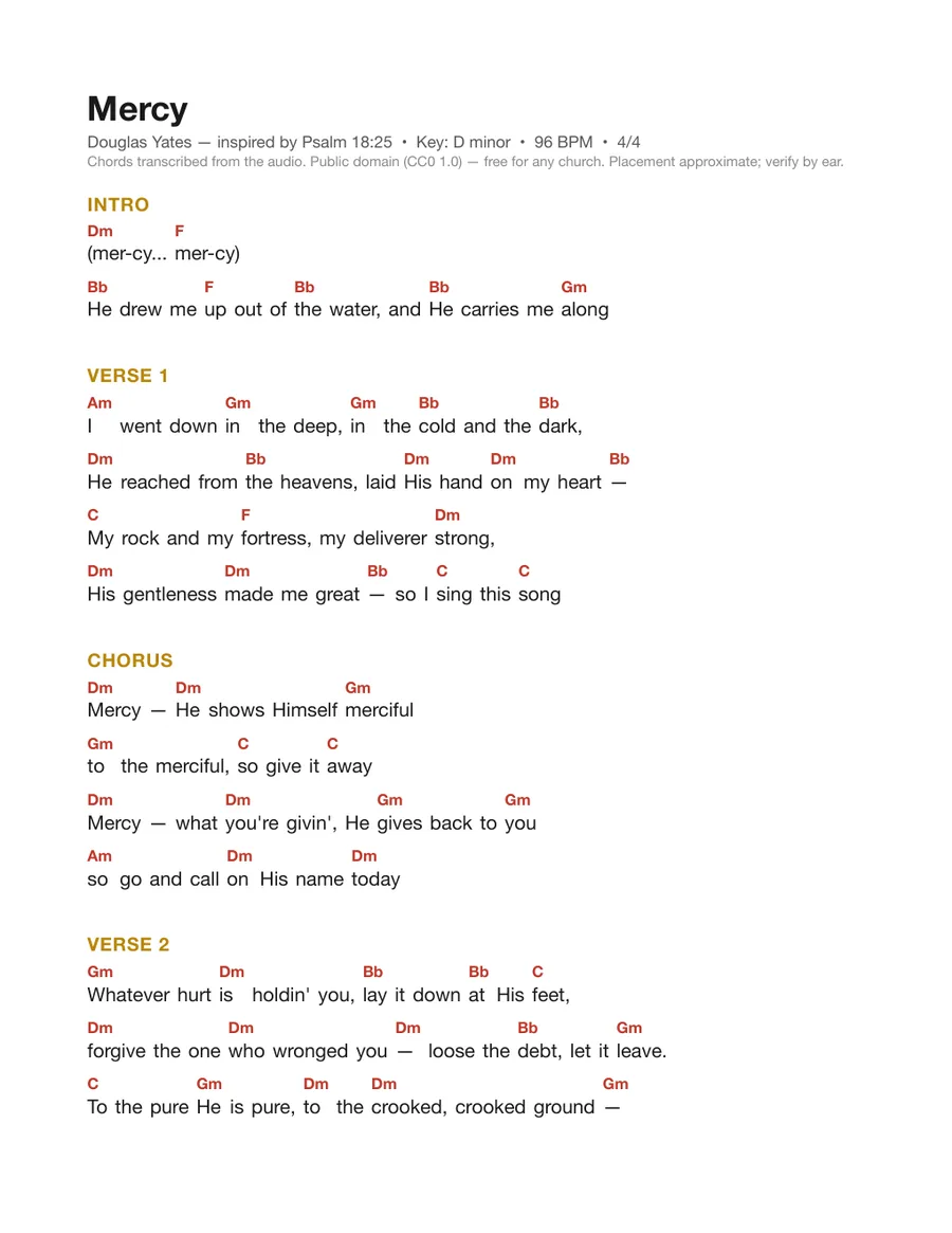 First page of the Mercy chord chart