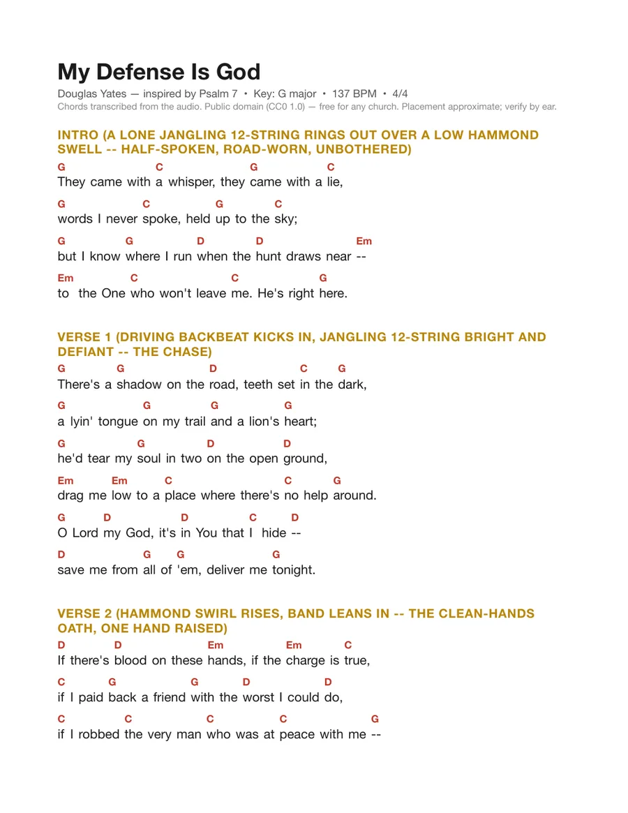 First page of the My Defense Is God chord chart