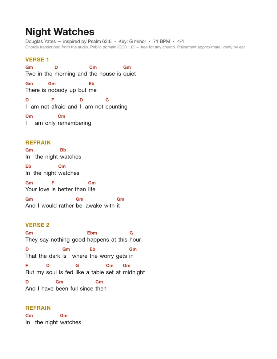First page of the Night Watches chord chart