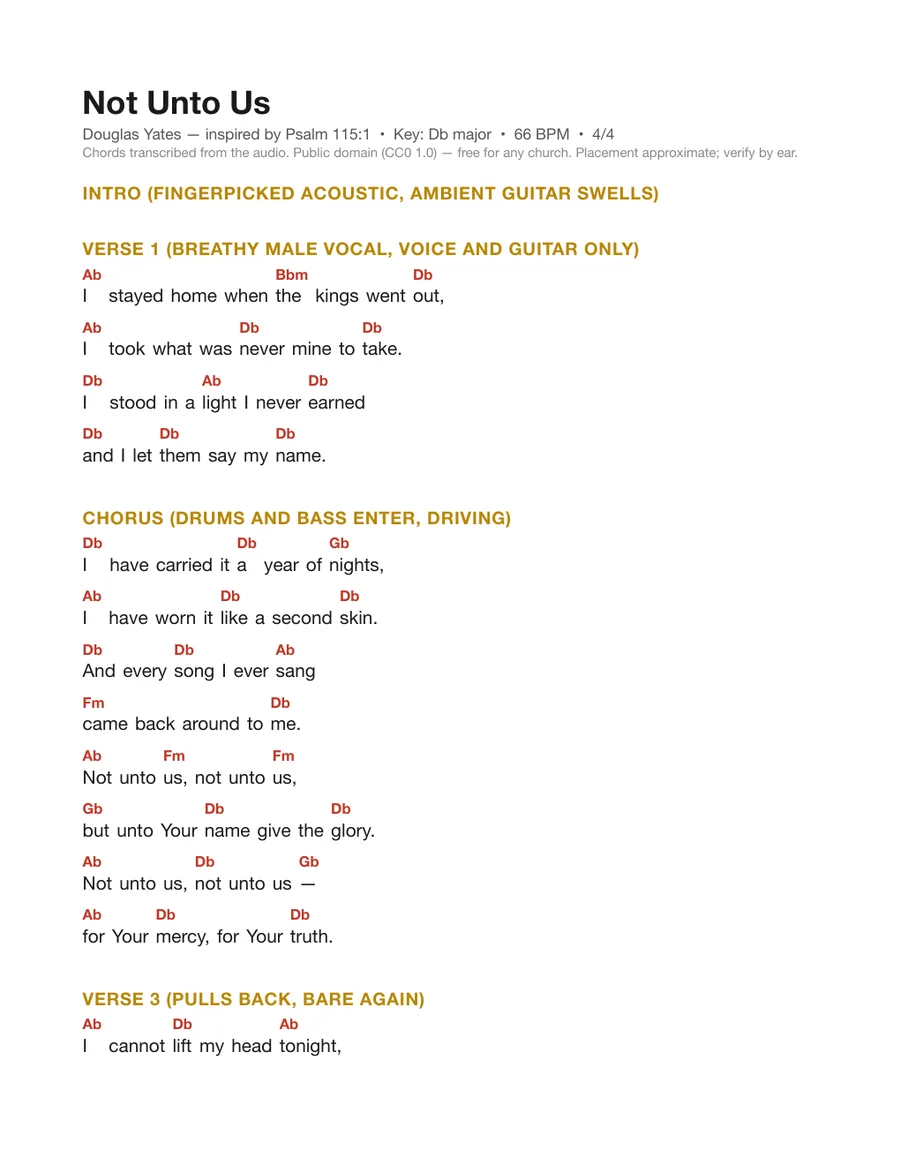 First page of the Not Unto Us chord chart