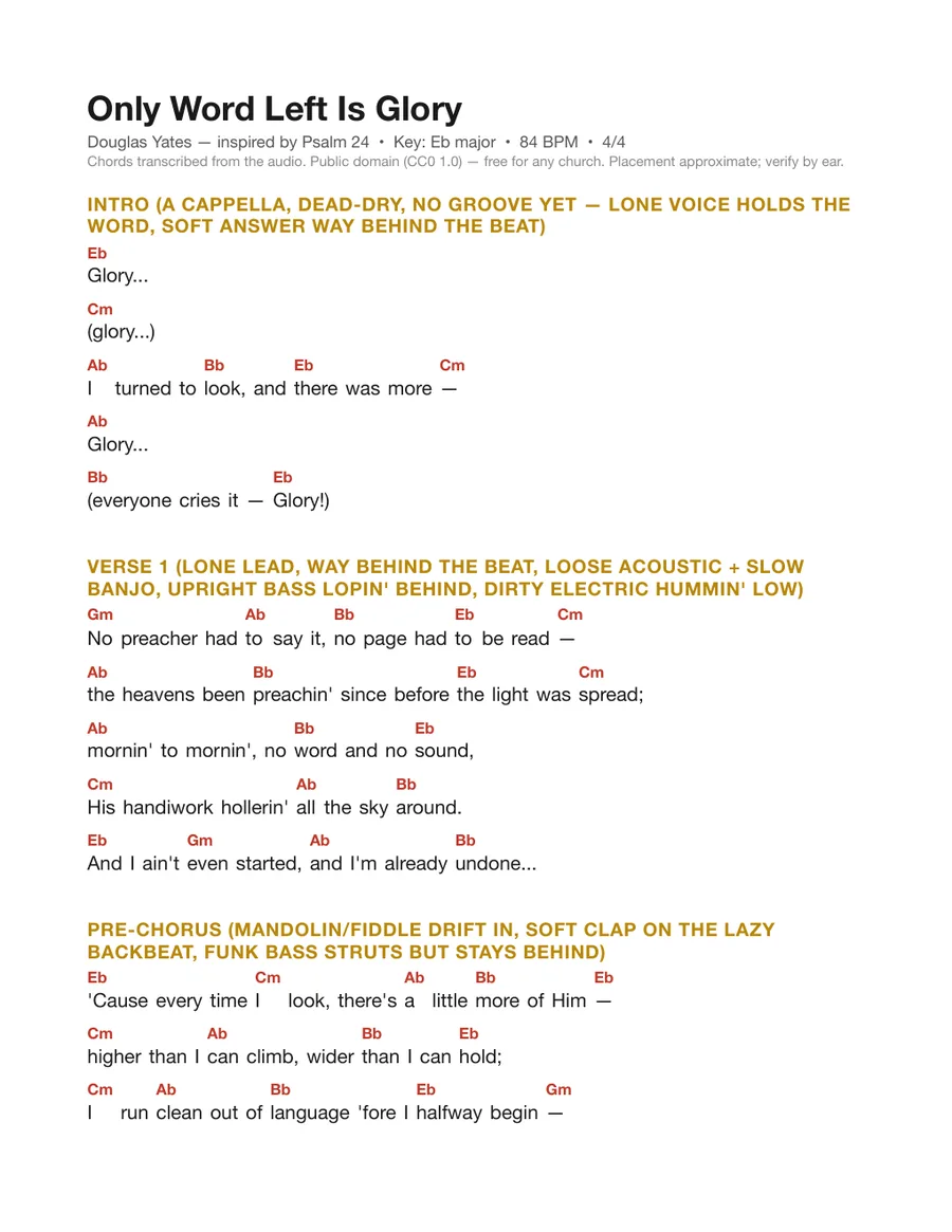 First page of the Only Word Left Is Glory chord chart