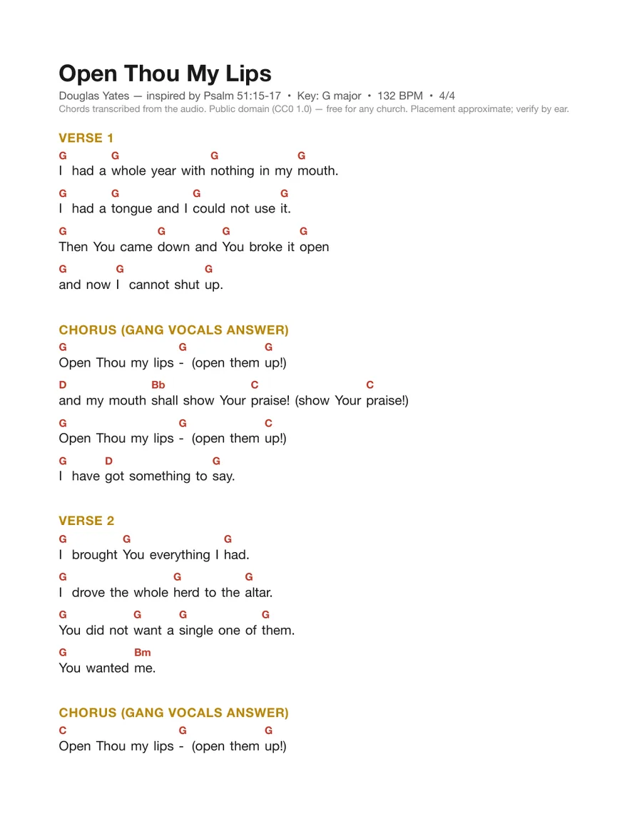 First page of the Open Thou My Lips chord chart