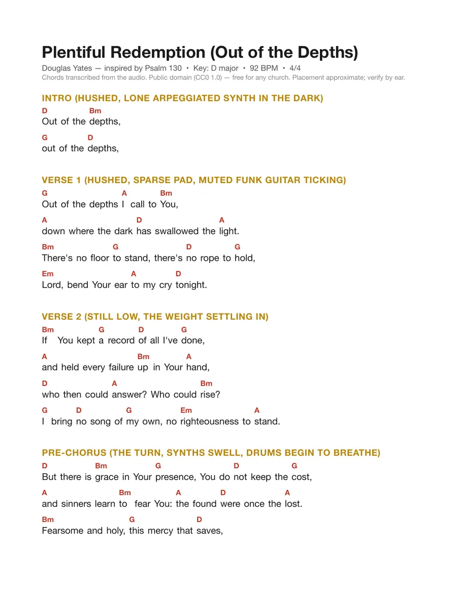 First page of the Plentiful Redemption (Out of the Depths) chord chart