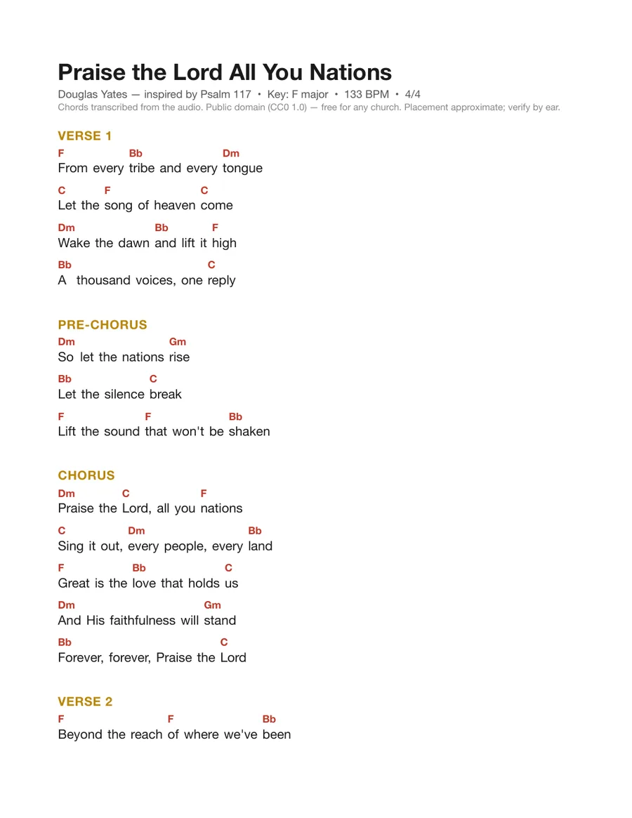 First page of the Praise the Lord All You Nations chord chart