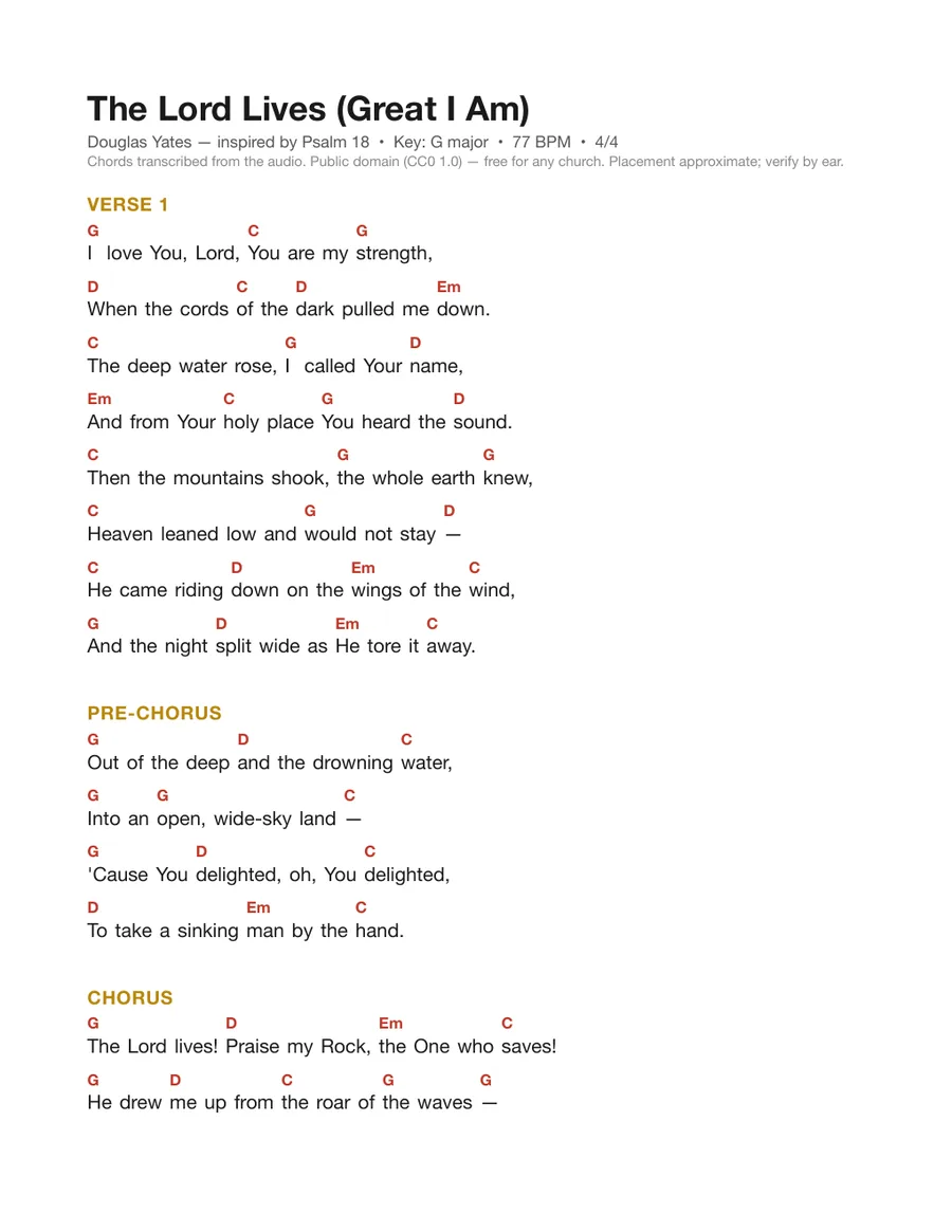 First page of the The Lord Lives (Great I Am) chord chart