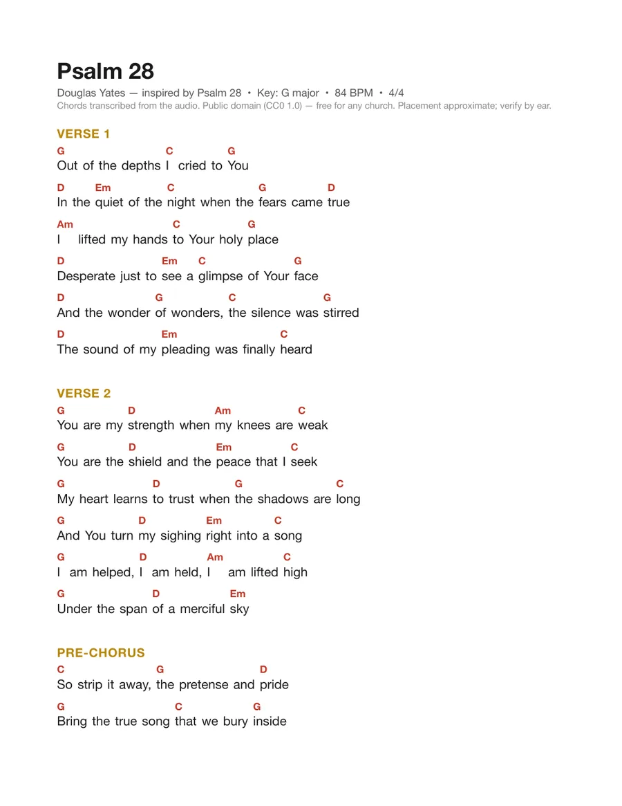 First page of the Psalm 28 chord chart