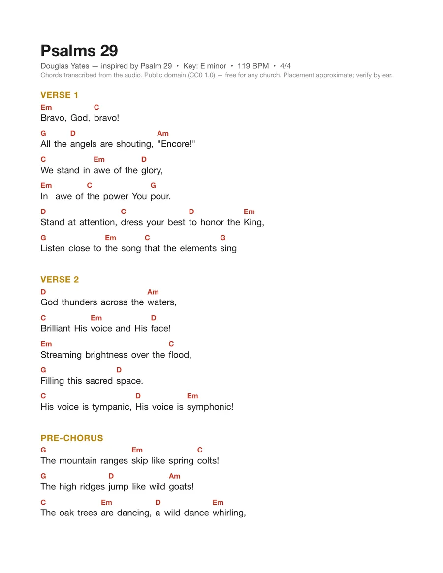 First page of the Psalms 29 chord chart