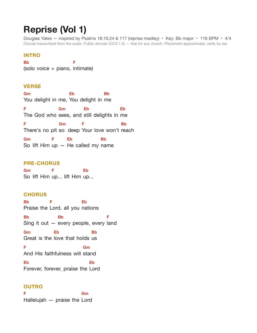 First page of the Reprise (Vol 1) chord chart