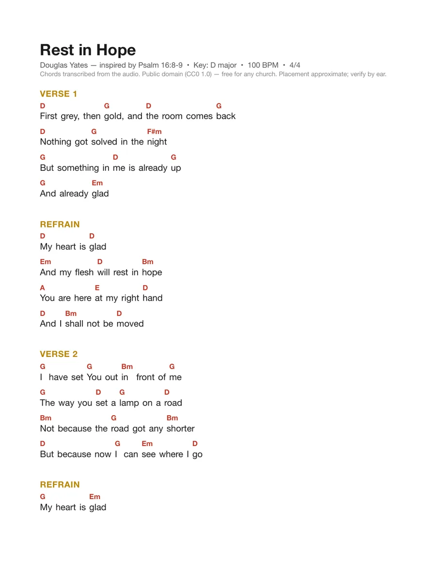 First page of the Rest in Hope chord chart