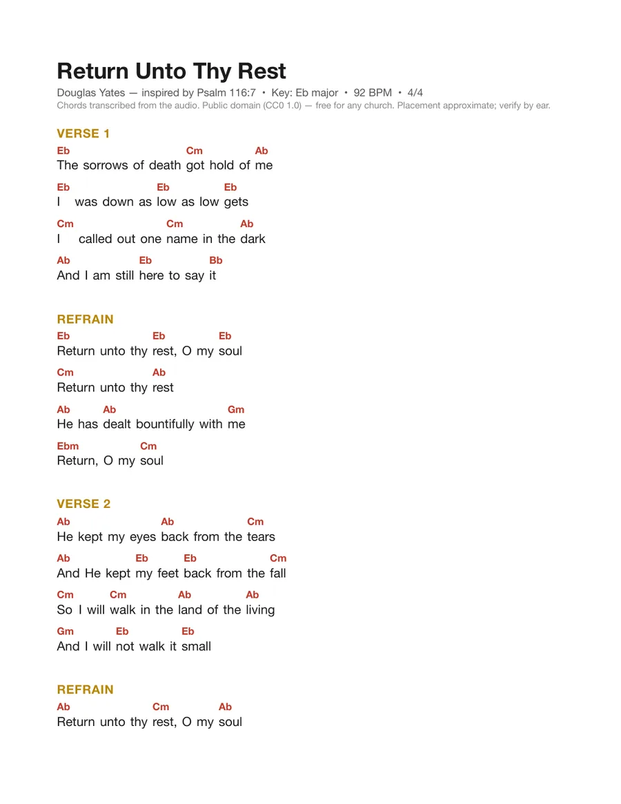 First page of the Return Unto Thy Rest chord chart