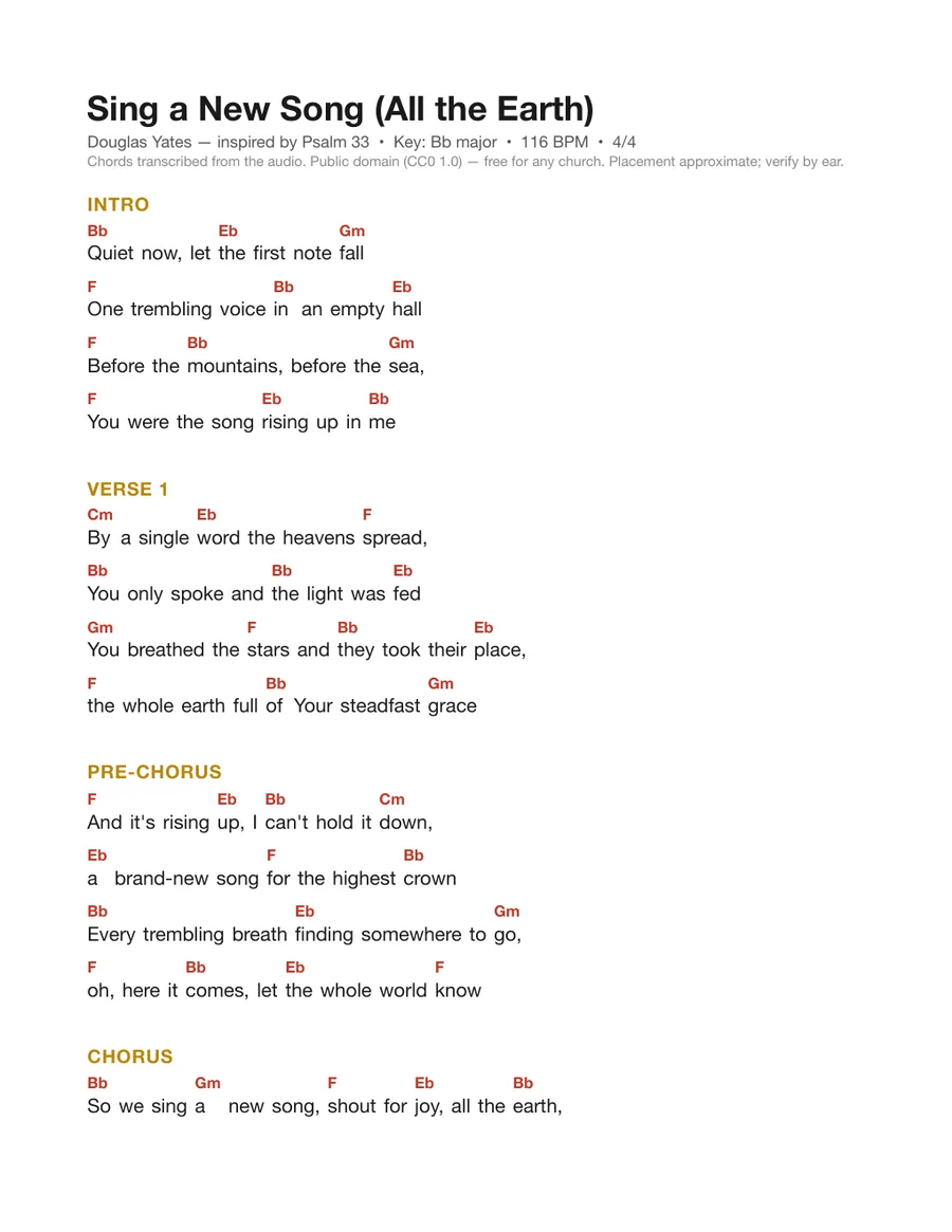 First page of the Sing a New Song (All the Earth) chord chart