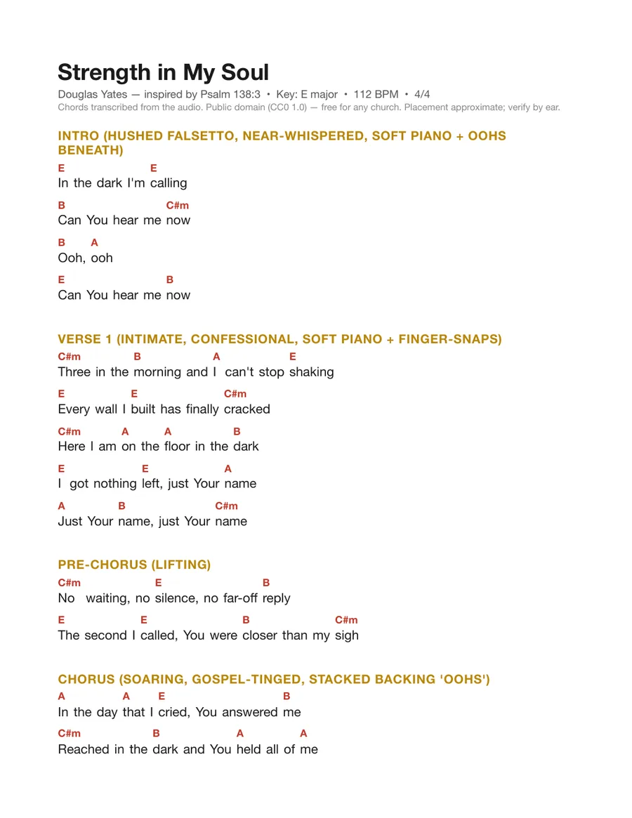 First page of the Strength in My Soul chord chart