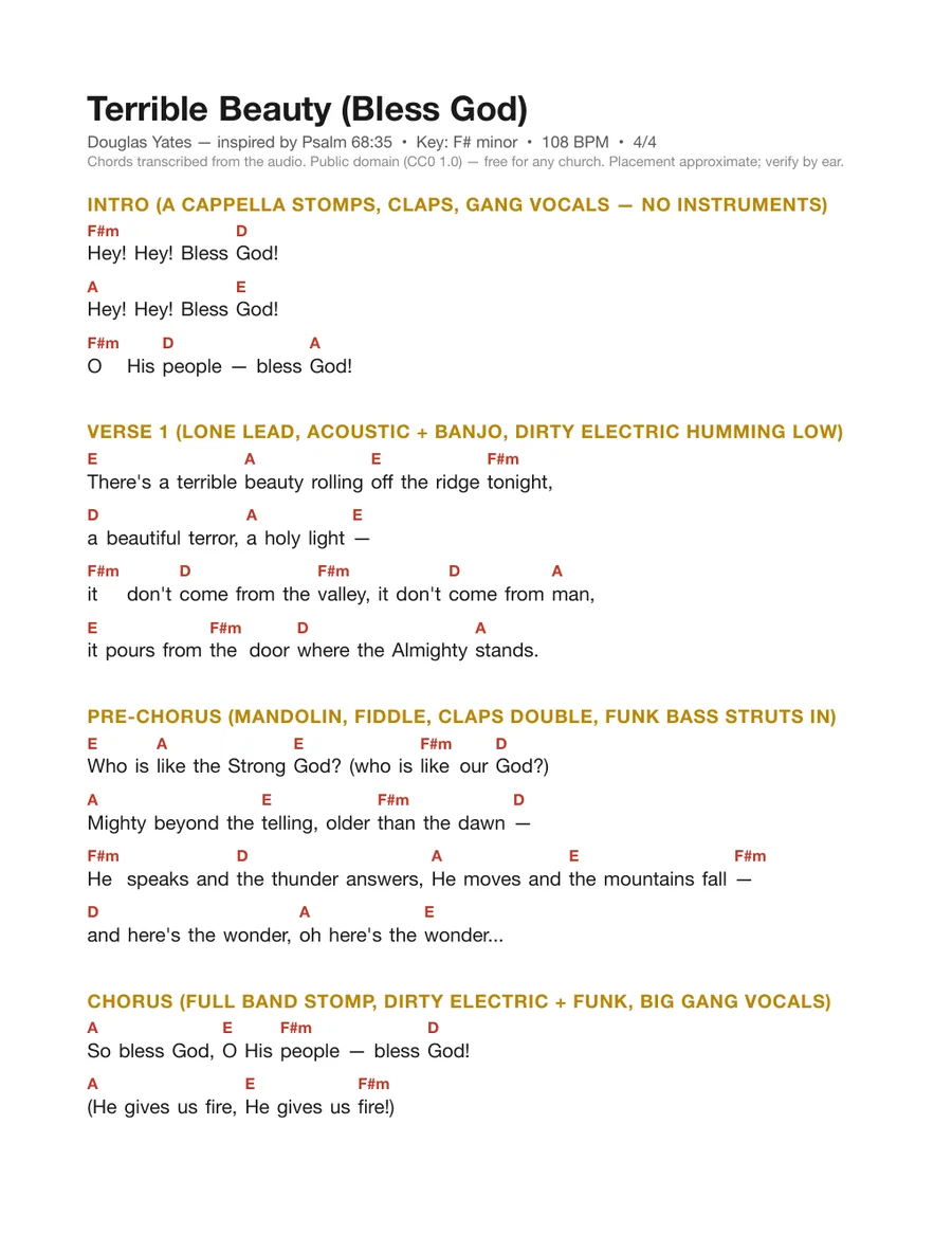 First page of the Terrible Beauty (Bless God) chord chart