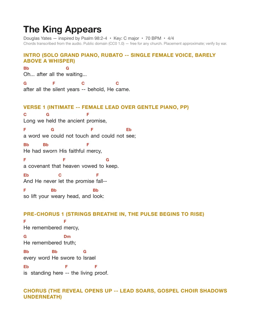 First page of the The King Appears chord chart