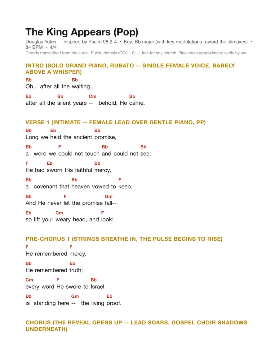 First page of the The King Appears (Pop) chord chart