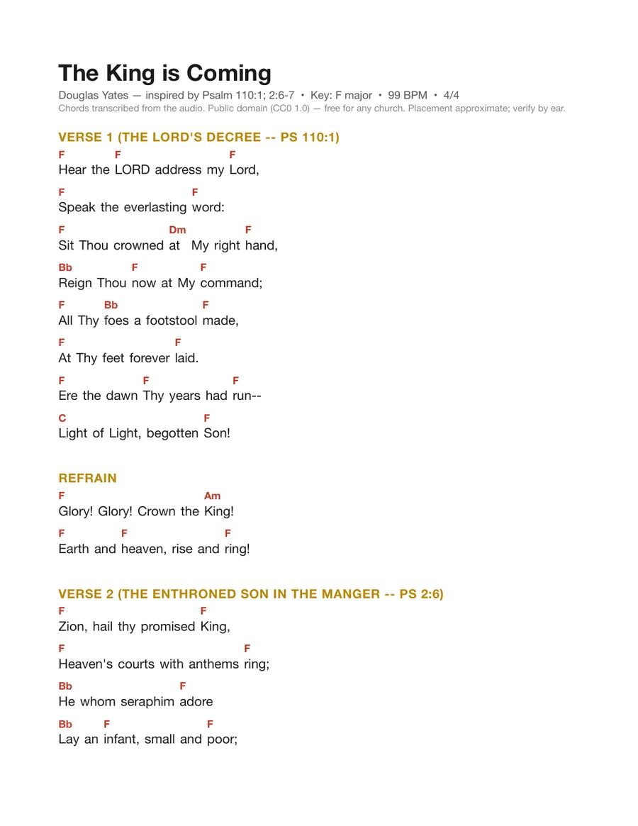 First page of the The King is Coming chord chart