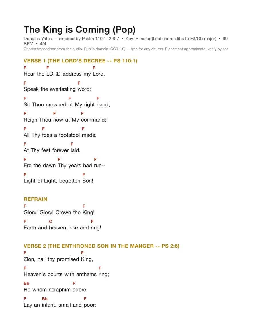 First page of the The King is Coming (Pop) chord chart
