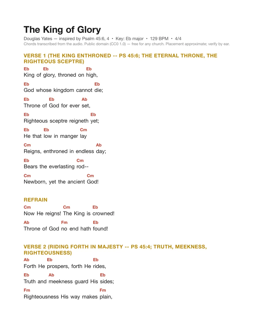 First page of the The King of Glory chord chart