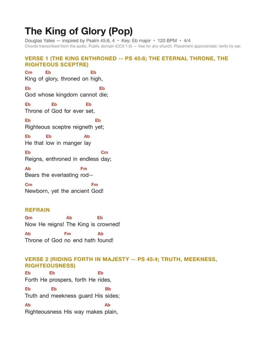 First page of the The King of Glory (Pop) chord chart