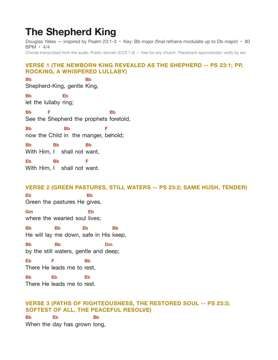First page of the The Shepherd King chord chart